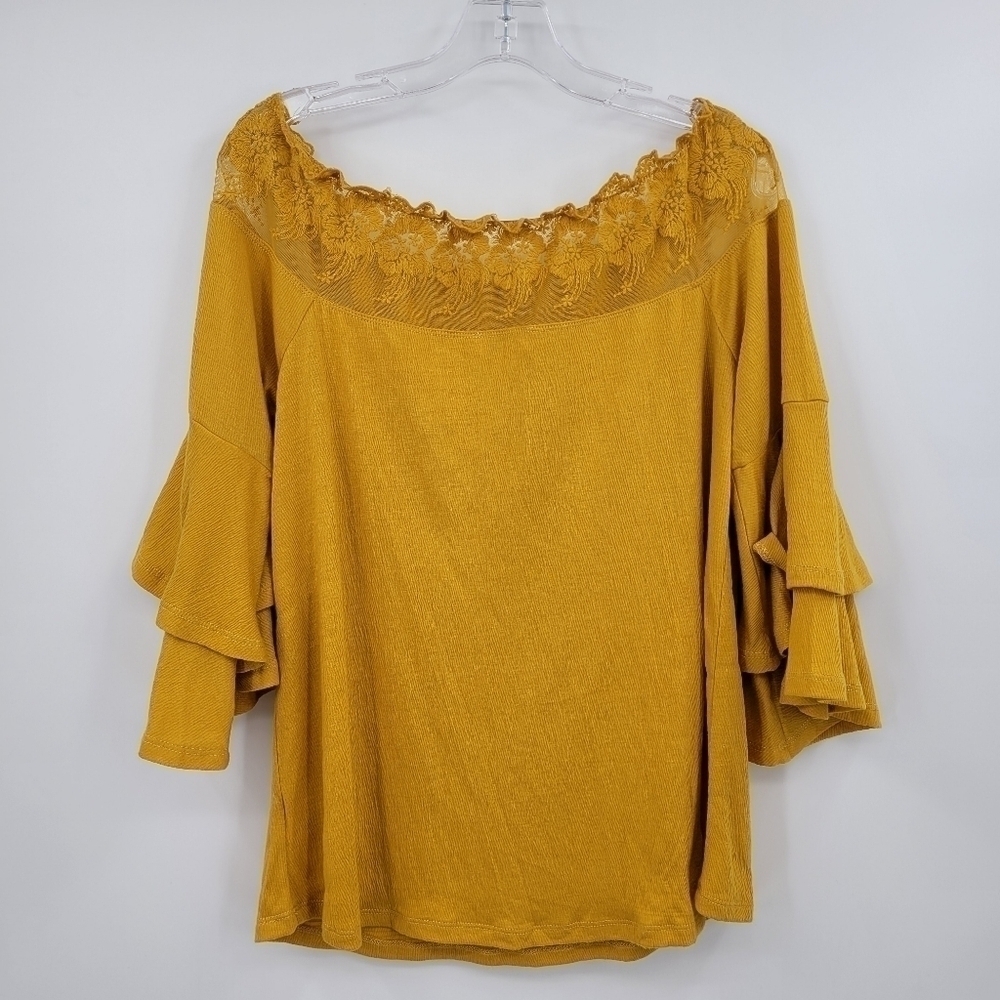 Umgee Mustard Yellow Ruffle Sleeve Floral Neck Top
